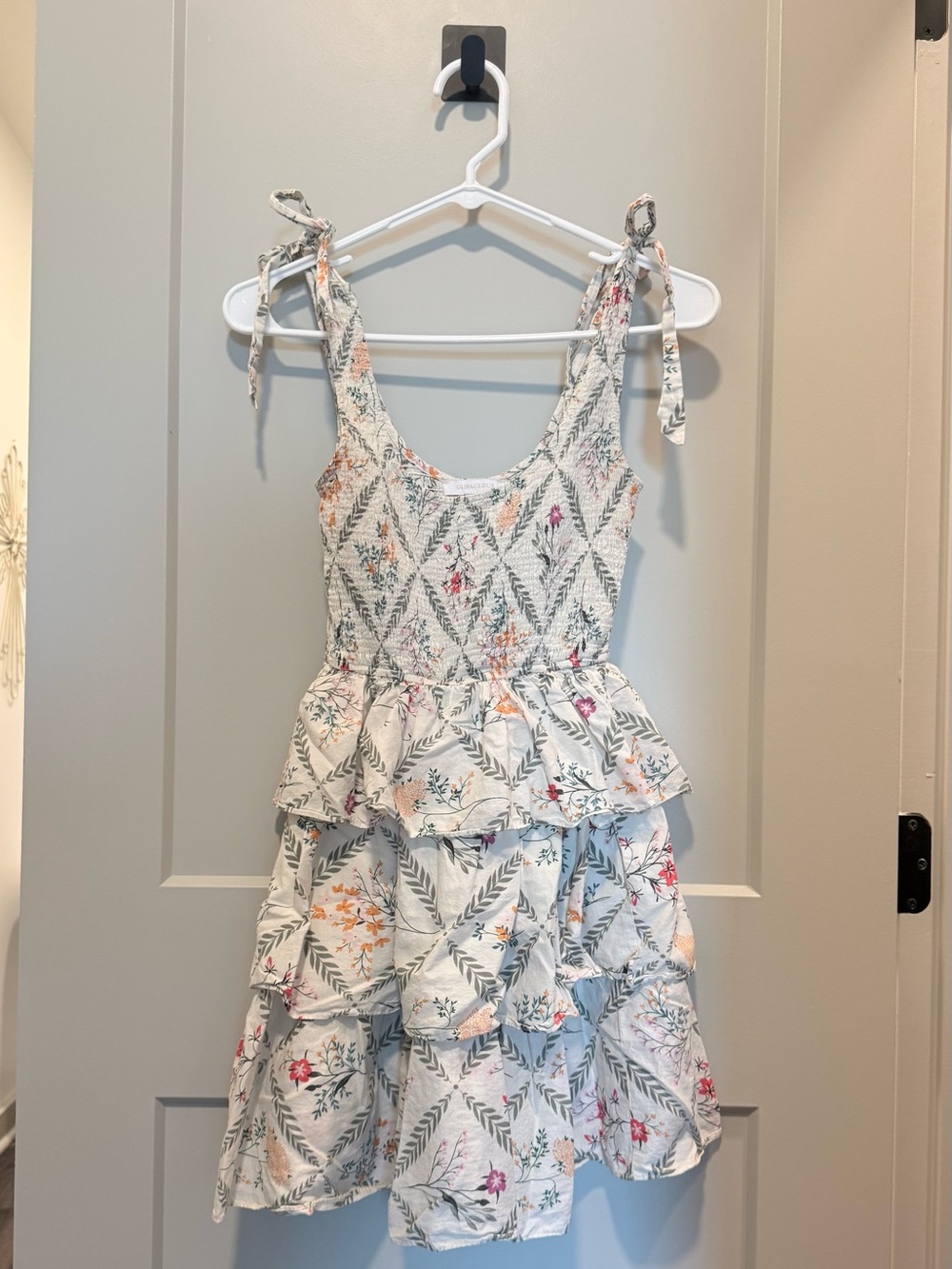 Olivaceous White Floral Tiered Tie-Shoulder Dress